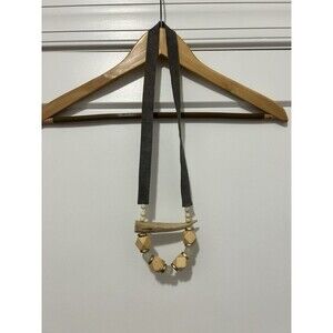 Bone Pendant Necklace Wooden Beaded Suede Strap Tribal Statement Mint Beige